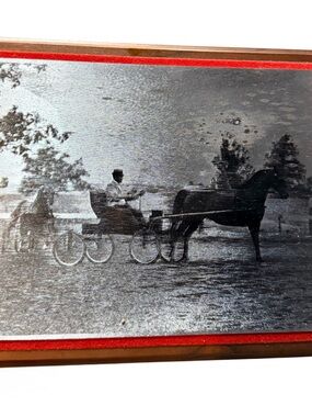 Vintage 70s Western Horse & Carriage Metal Etched Plaque Wood Wall MCM.photo